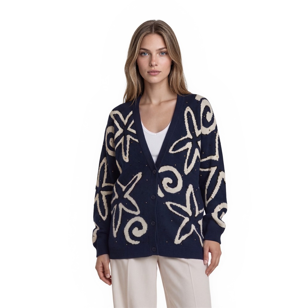 Vintage Marisa Christina Cardigan Sweater Womens Size Large Navy Starfish Beaded